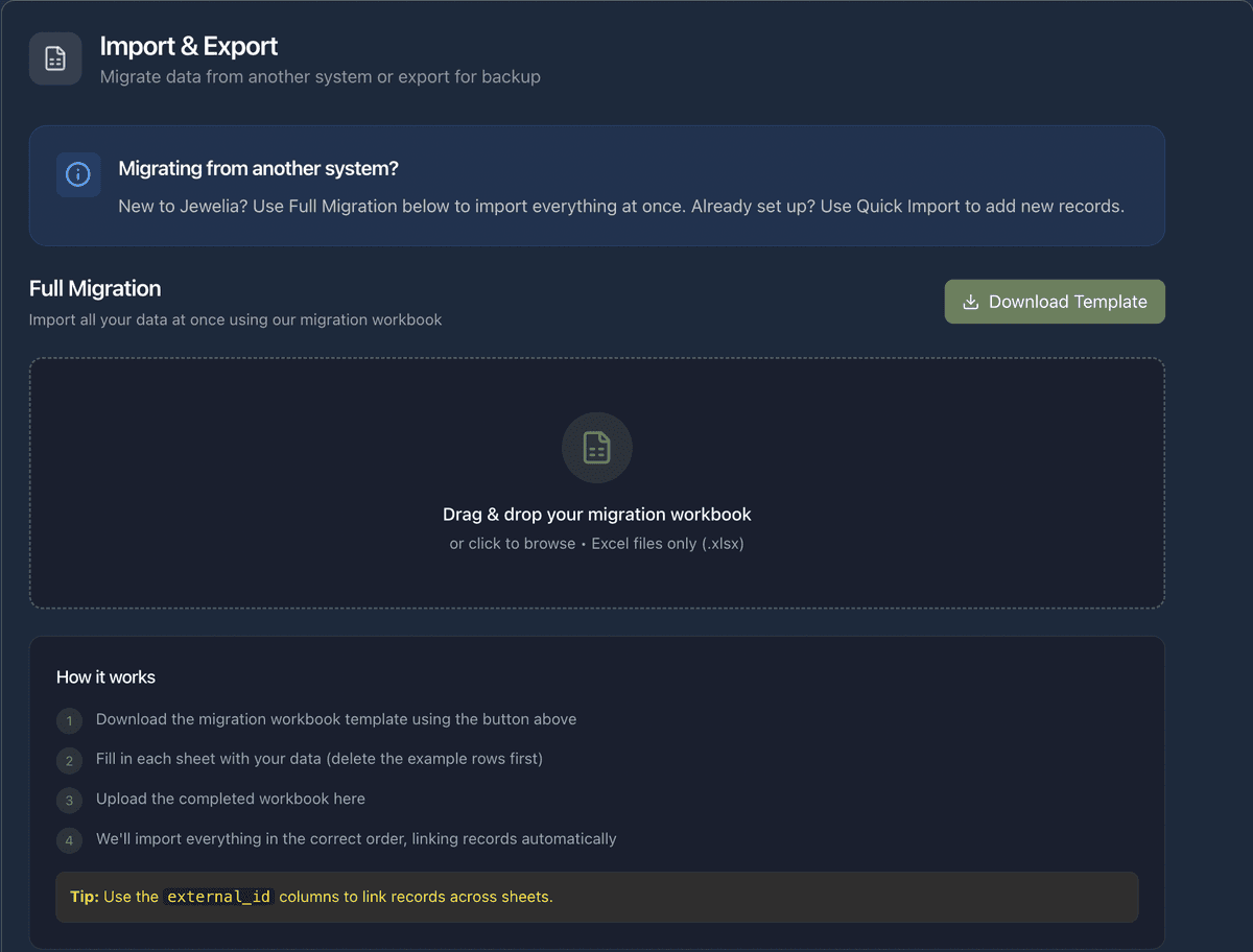 Jewelia data migration tools for importing inventory and customer data from other systems