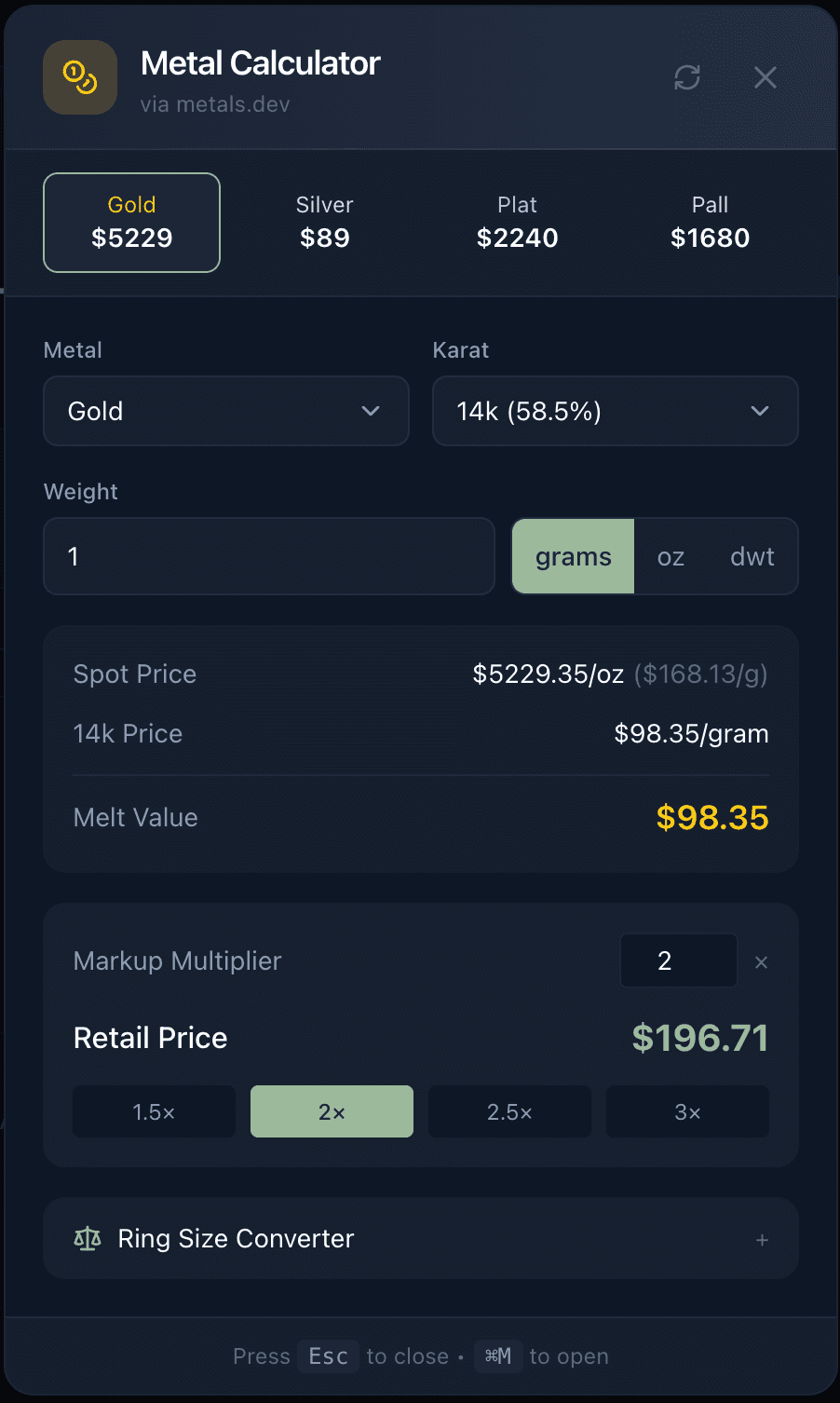 Jewelia metal calculator showing real-time precious metal pricing and calculations