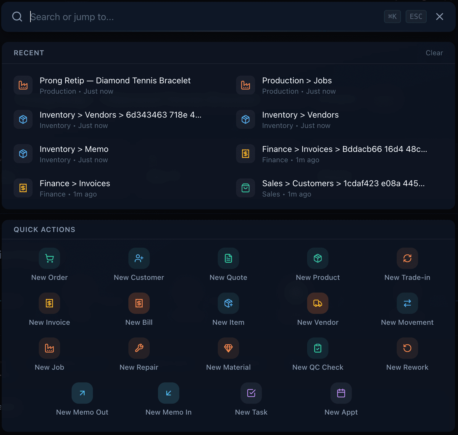 Jewelia command center interface with quick action palette for fast navigation