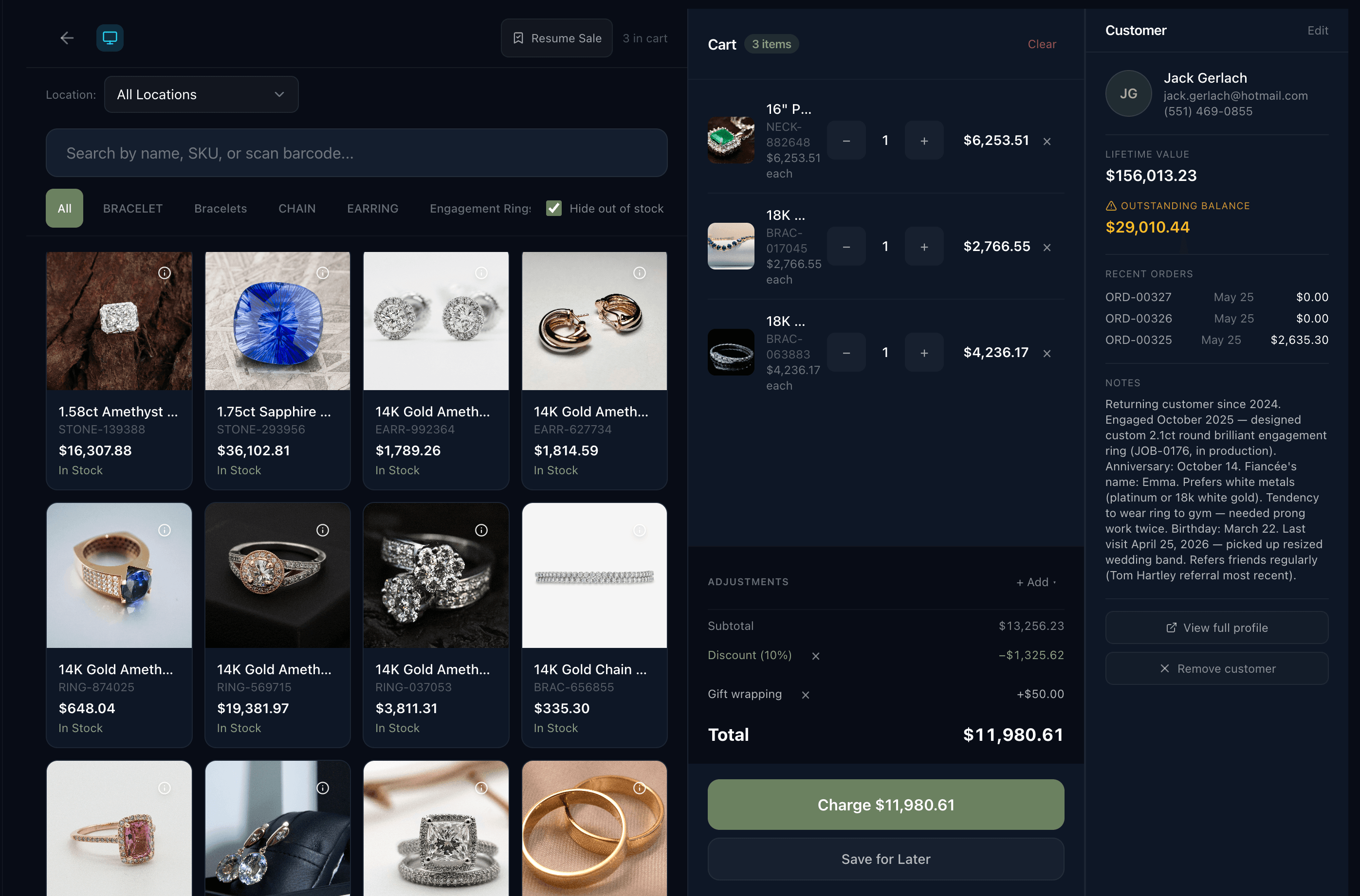 Jewelia POS showing the product grid, customer selection, and cart with line items